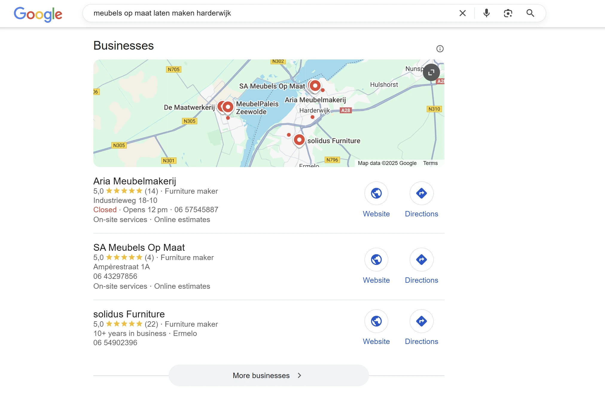 Google Bedrijfsprofiel optimalisatie resultaat SA Meubels